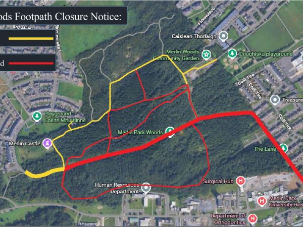 map of footpath closures in merlin woods