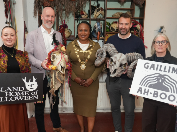 Gaillimh Ah-Boo Launch 2026 with representatives from Fáilte Ireland and Galway City Council in Macnas' workshop in Fisheries Field