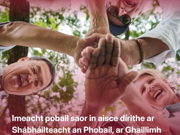 Group of people holding hands in a circle on poster for Galway Expo event