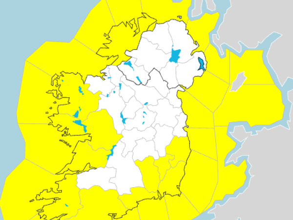 Map of Ireland with Galway in yellow for weather alert