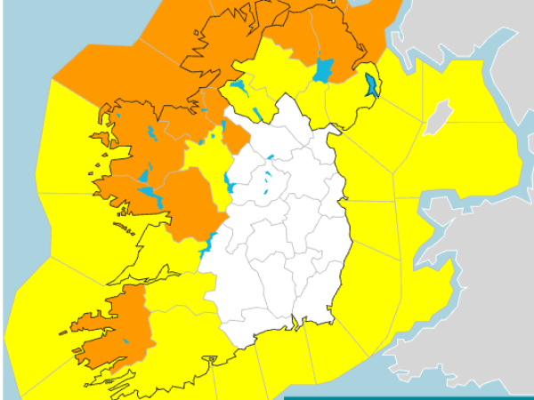 map of ireland with orange warning over Galway