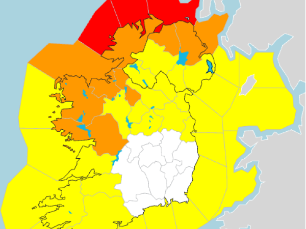 Map of Ireland with Galway in orange during Storm Boelo