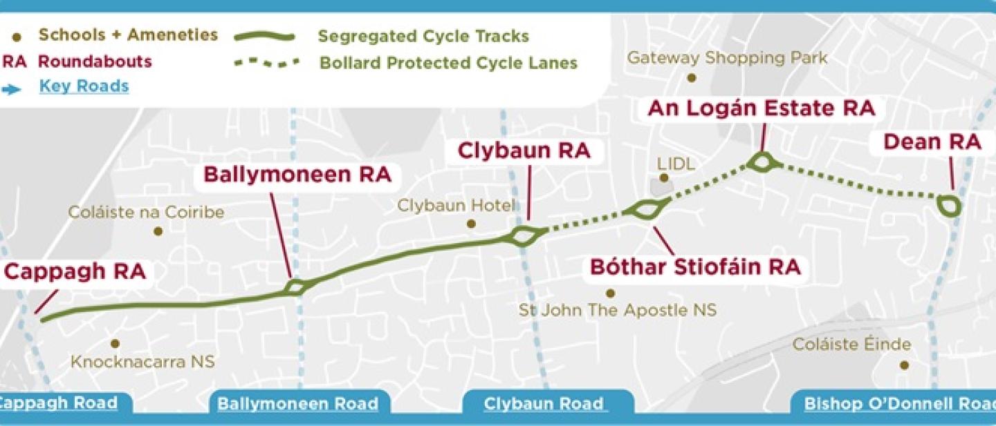 A map of the proposed Galway Western Distributor Road Cycle Scheme - Engilsh