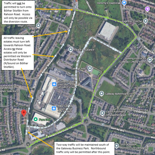 A map of the lane closure for the Bóthar Stiofáin Cycle Network Scheme